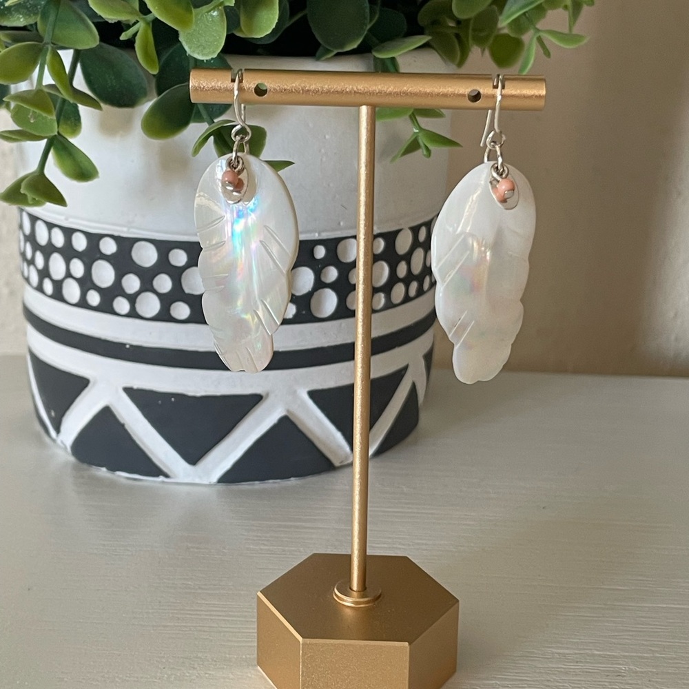 Feather Mother of Pearl hook Earrings 2.5” length